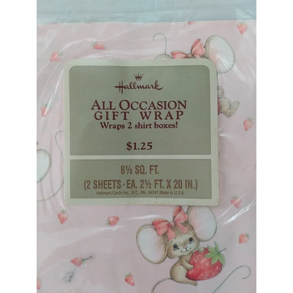 Vintage Hallmark Gift Wrap Paper Baby Shower Strawberry Mouse Pink Mice USA